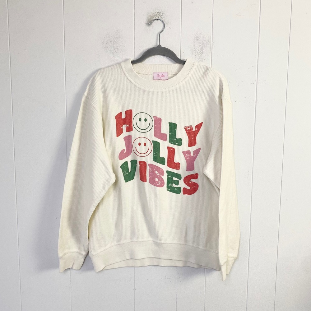 Pink Lily Holly Jolly Vibes Corded Long Sleeve Top Cream Size Small Oversized *